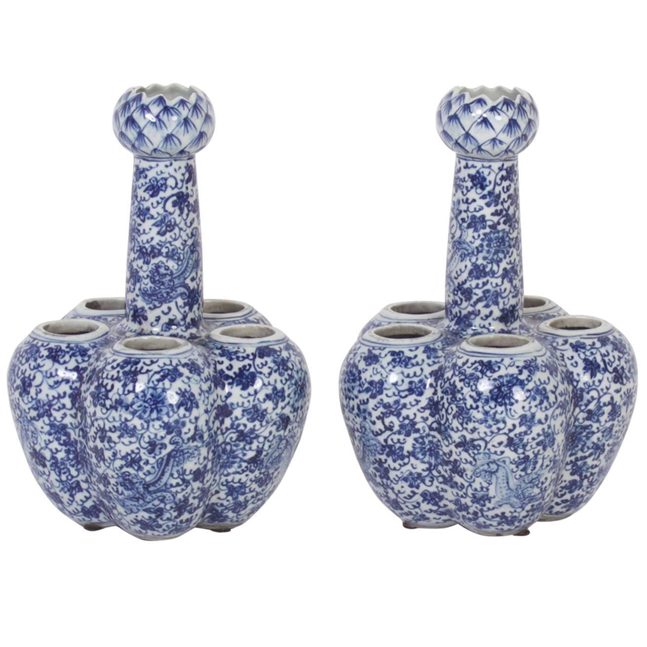 Pair of Chinese Export Style Blue and White Porcelain Tulip Vases