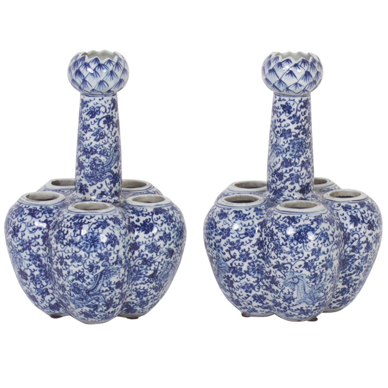 Pair of Chinese Export Style Blue and White Porcelain Tulip Vases at