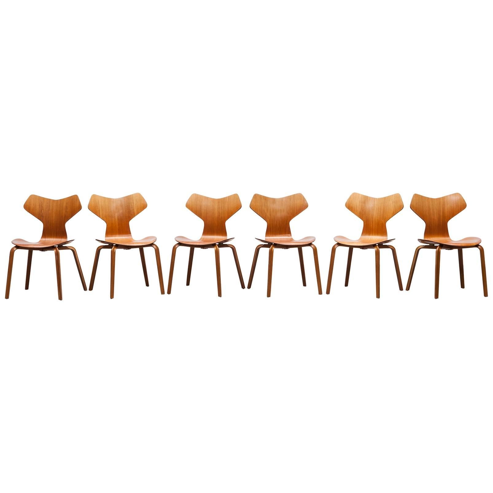 Set of Six Arne Jacobsen Grand Prix Chairs in Teak