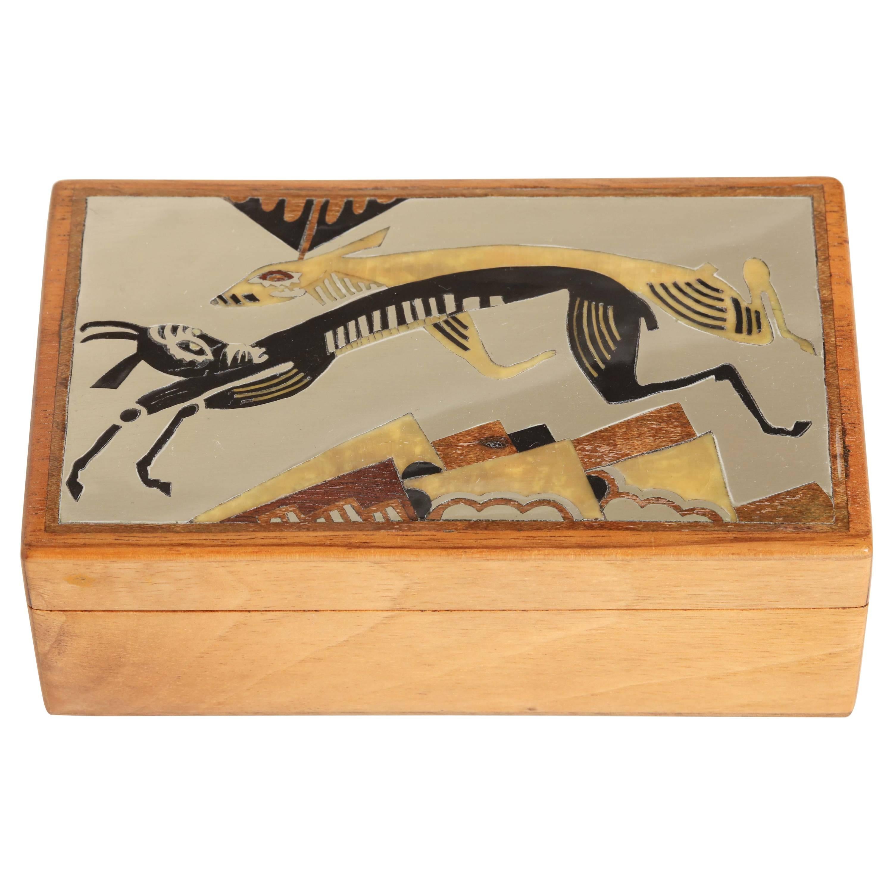 French Art Deco Fruitwood, Lacquer and Metal Box 'Animaux Fantastiques' For Sale