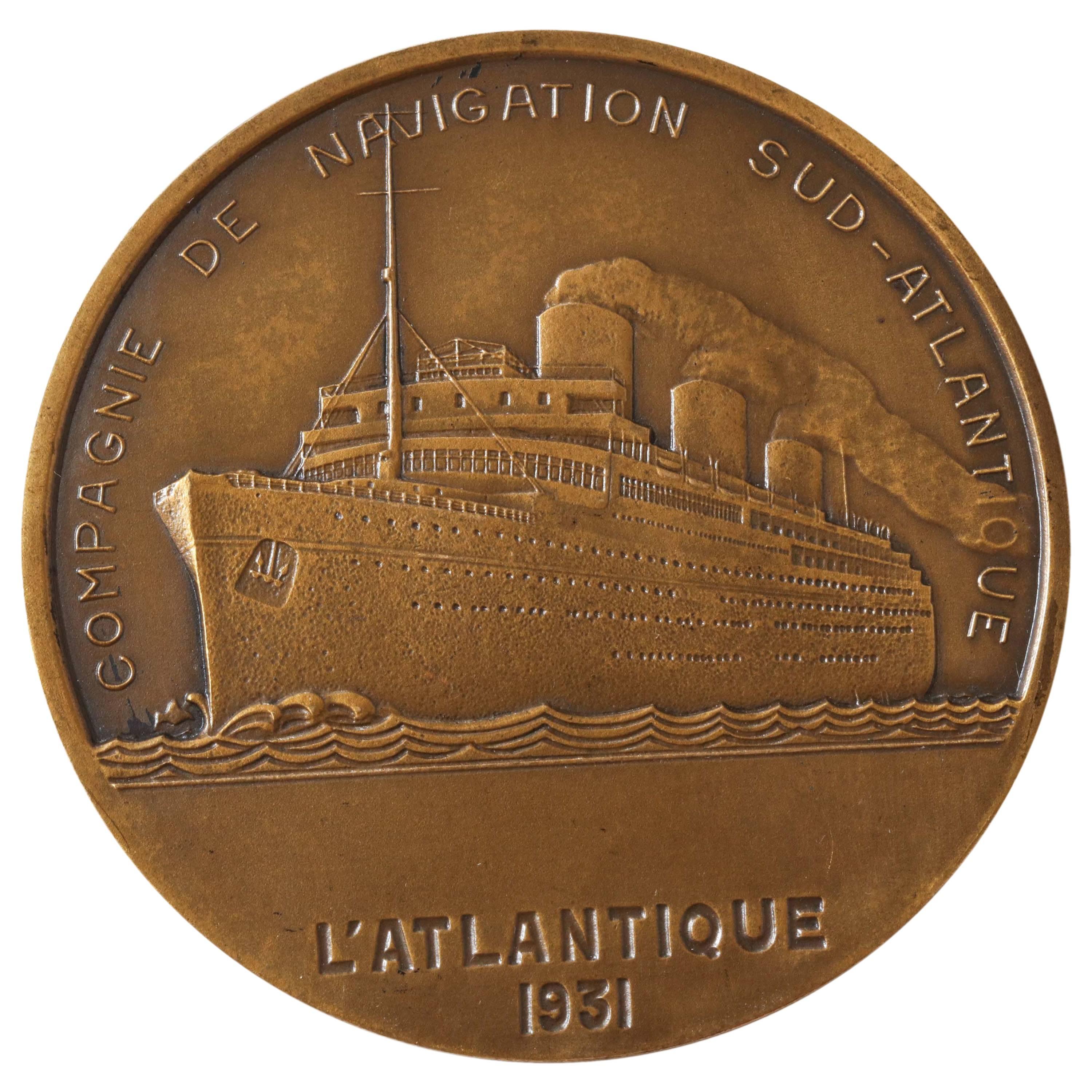French Art Deco Bronze Medal Commemorating the SS L
Atlantique, 1931 For Sale