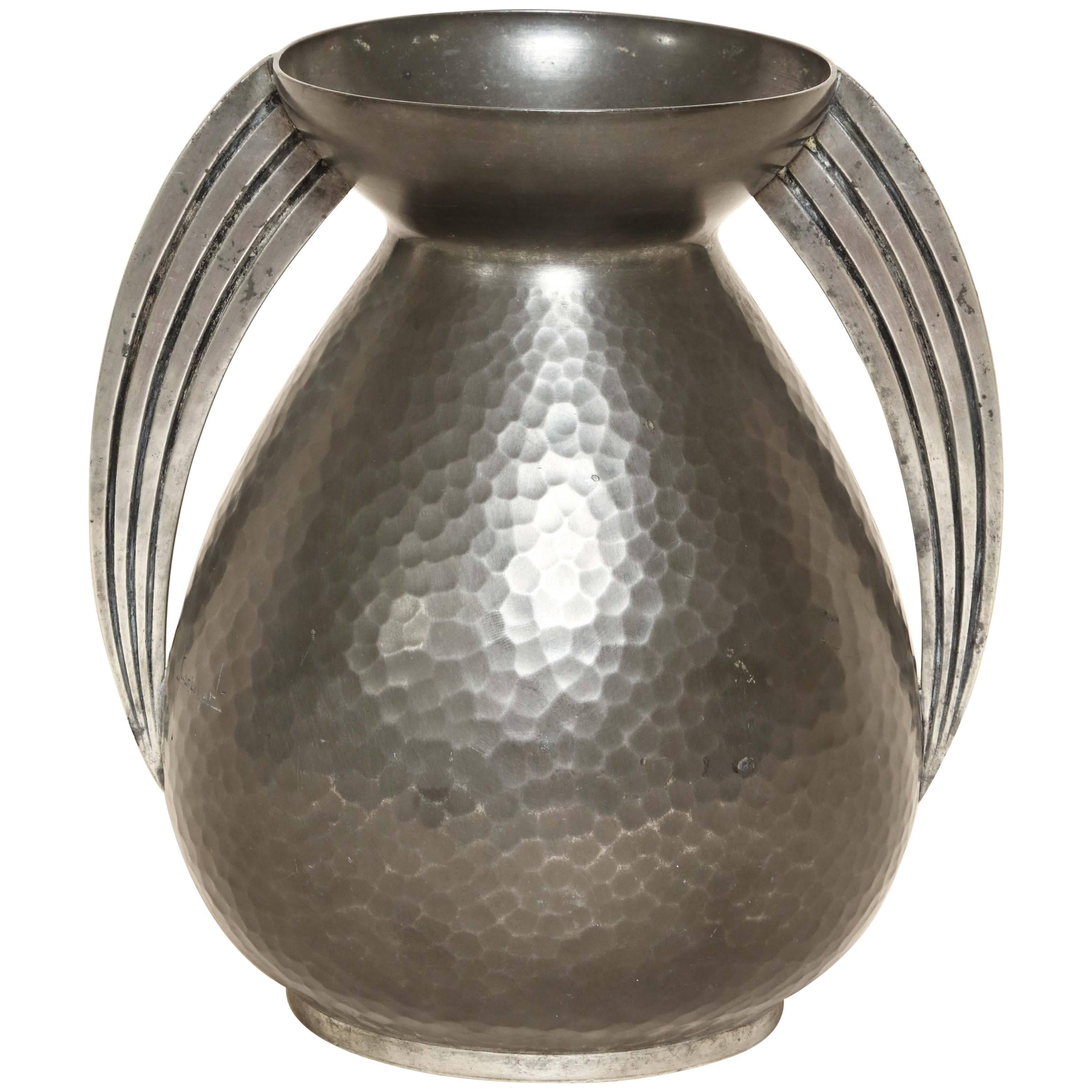 Rene Delavan French Art Deco Pewter Dinanderie Vase For Sale