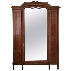 Monumental Edwardian Fruitwood Inlay and Mirrored Armoire