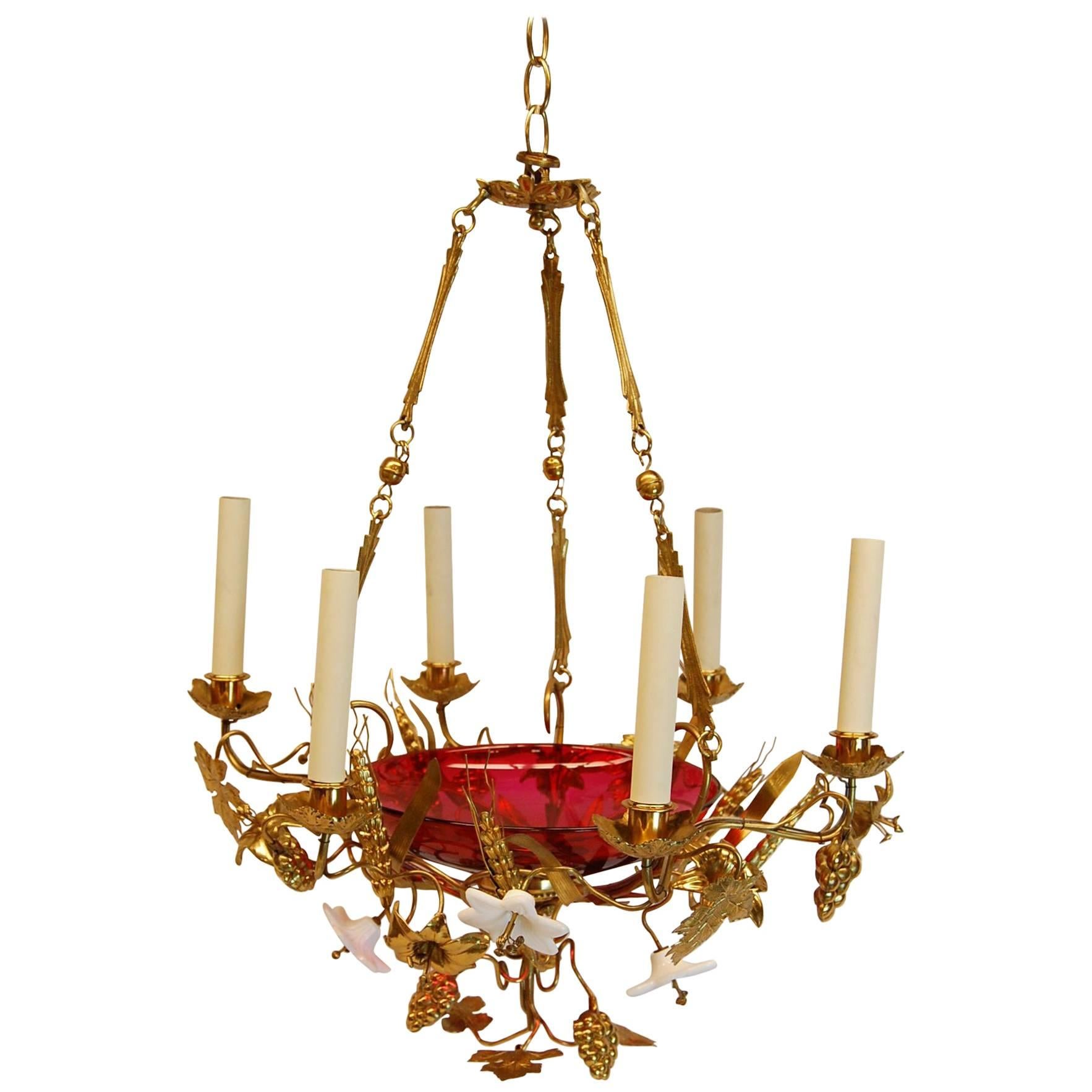 French Chandelier w/ Glass Lilies & Stamped Brass Decorations, Mid 19th Century For Sale