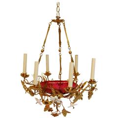 French Chandelier with Glass Lilies and Stamped Brass Decorations 3