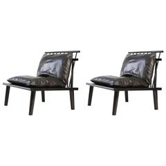 Pair of Matunuck Lounge Chairs, Charcoal Leather Down/Feather '20/80' Cushion