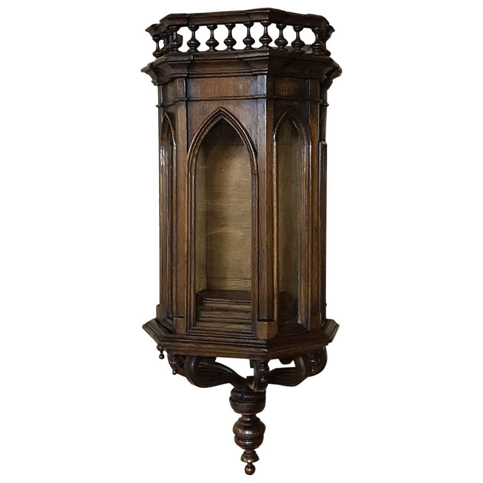 19th Century French Gothic Walnut Wall Vitrine~Curio Cabinet with Sconce Support