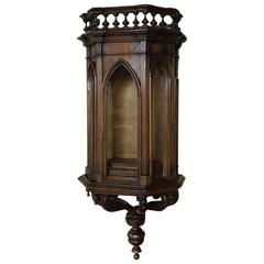 Antique 19th Century French Gothic Walnut Wall Vitrine~Curio Cabinet with Sconce Support