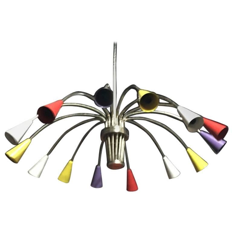 Italian Mid-Century Modern Chrome and Multicolor Chandelier For Sale