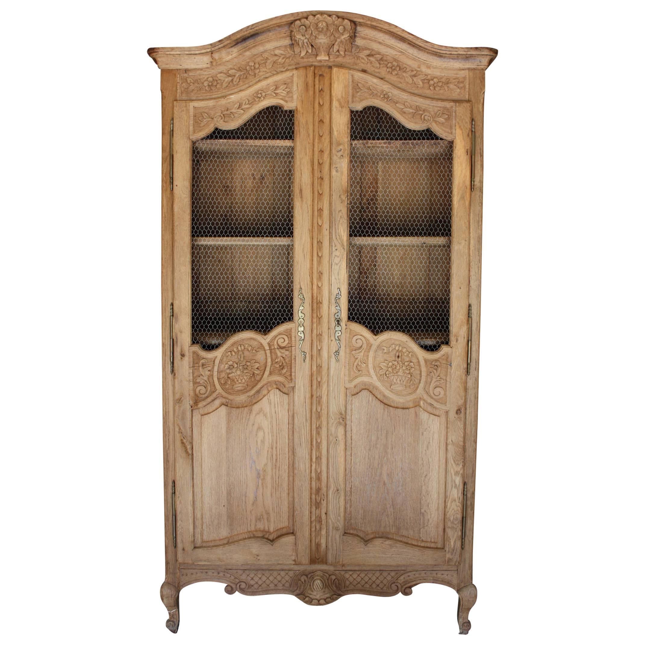 French 19th Century Louis XV Bleached Two-Door Armoire with Chicken Wire