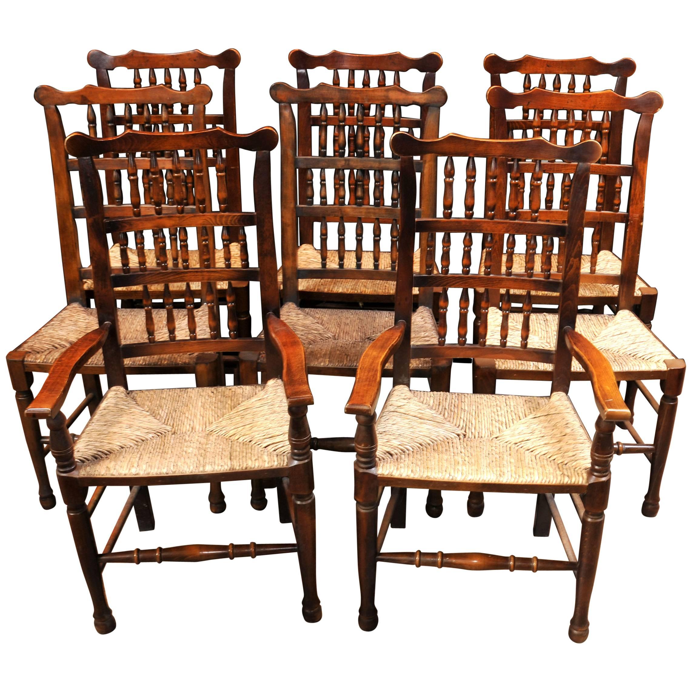 Set of Eight Oak Spindle Back Dining Chairs Kitchen Farmhouse Dinner For Sale