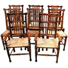 Retro Set of Eight Oak Spindle Back Dining Chairs Kitchen Farmhouse Dinner