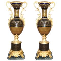 Pair of Extra Large French Empire Crystal Cut Glass Urns Vases Ormolu