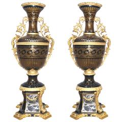 Pair of Large French Louis XVI Style Cut Glass Amphora Vases Urns
