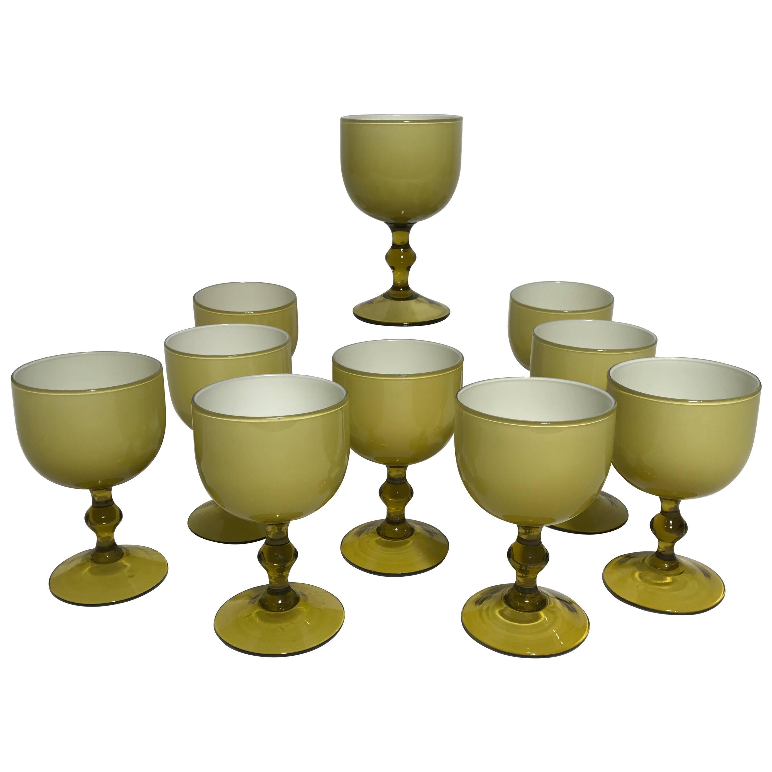 Ten Carlo Moretti Italian Cased Glass Wine Goblets, Amber and White