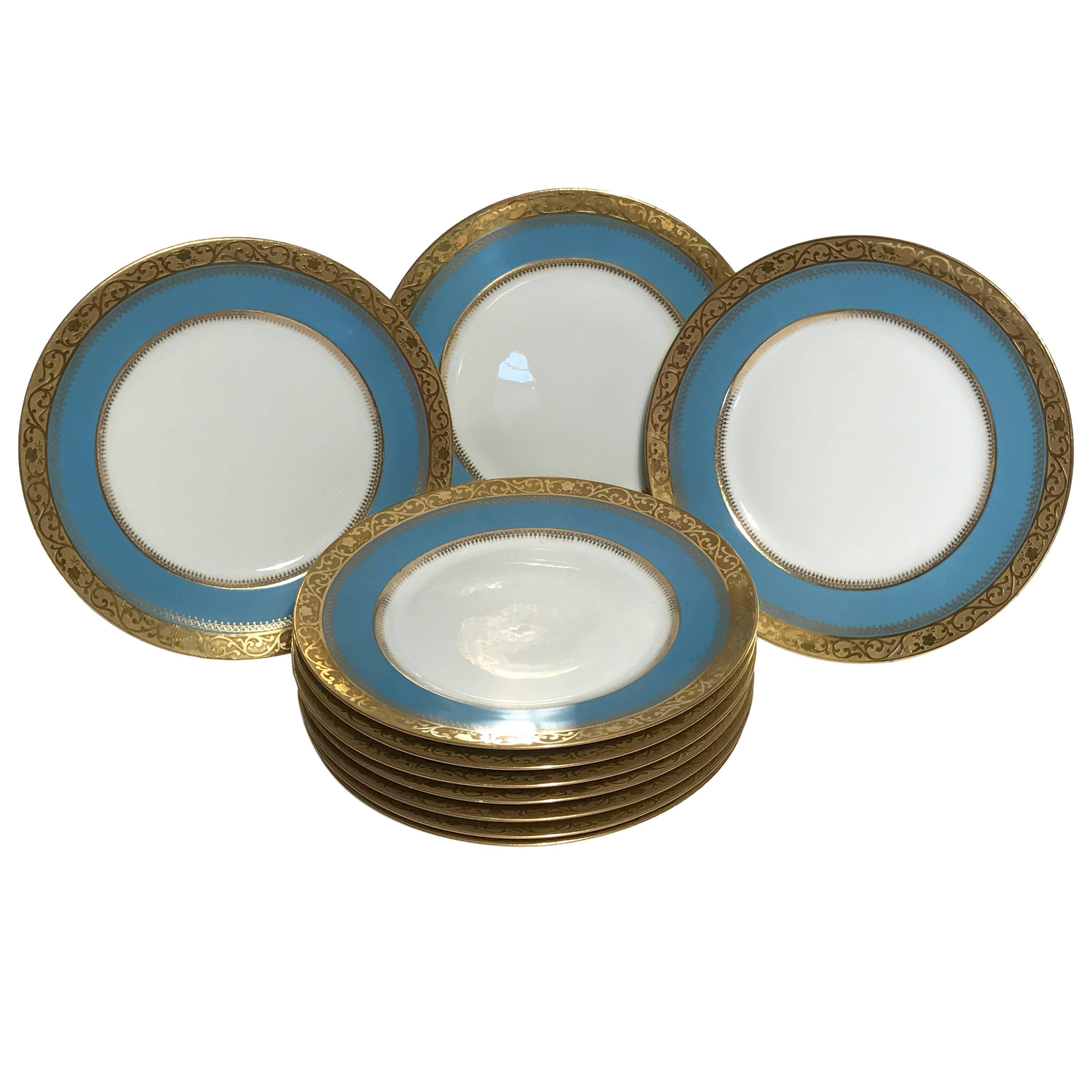 Ten Antique Limoges Turquoise Aqua Dinner Plates, Nice Gold Textured Band