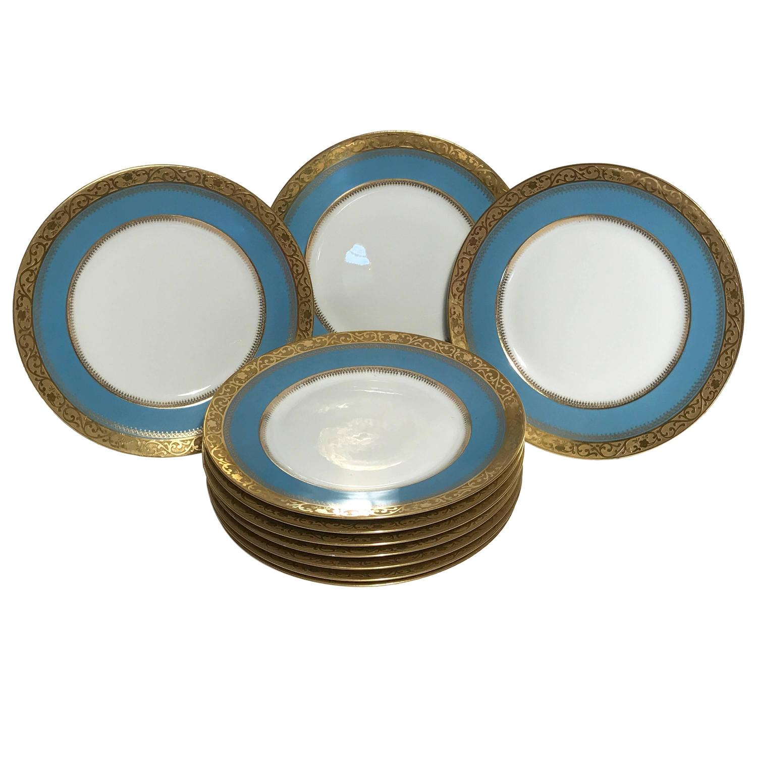 Ten Antique Limoges Turquoise Aqua Dinner Plates, Nice Gold Textured
