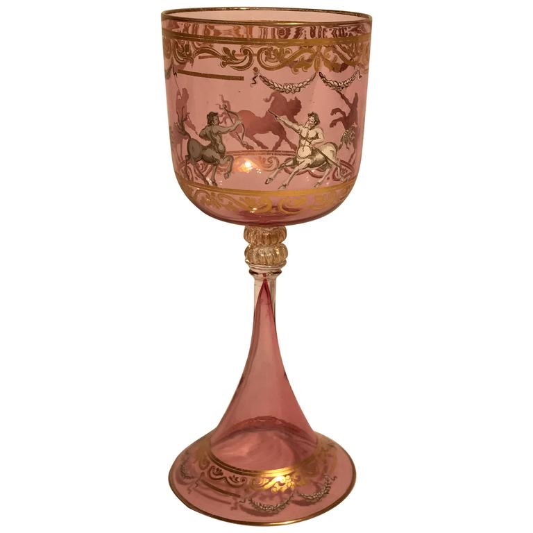 15 Tall Glass Goblets, Pink and Gold Antique with Hand