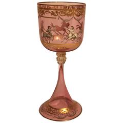 15 Tall Venetian Glass Goblets, Pink & Gold Antique with Hand Enameling 