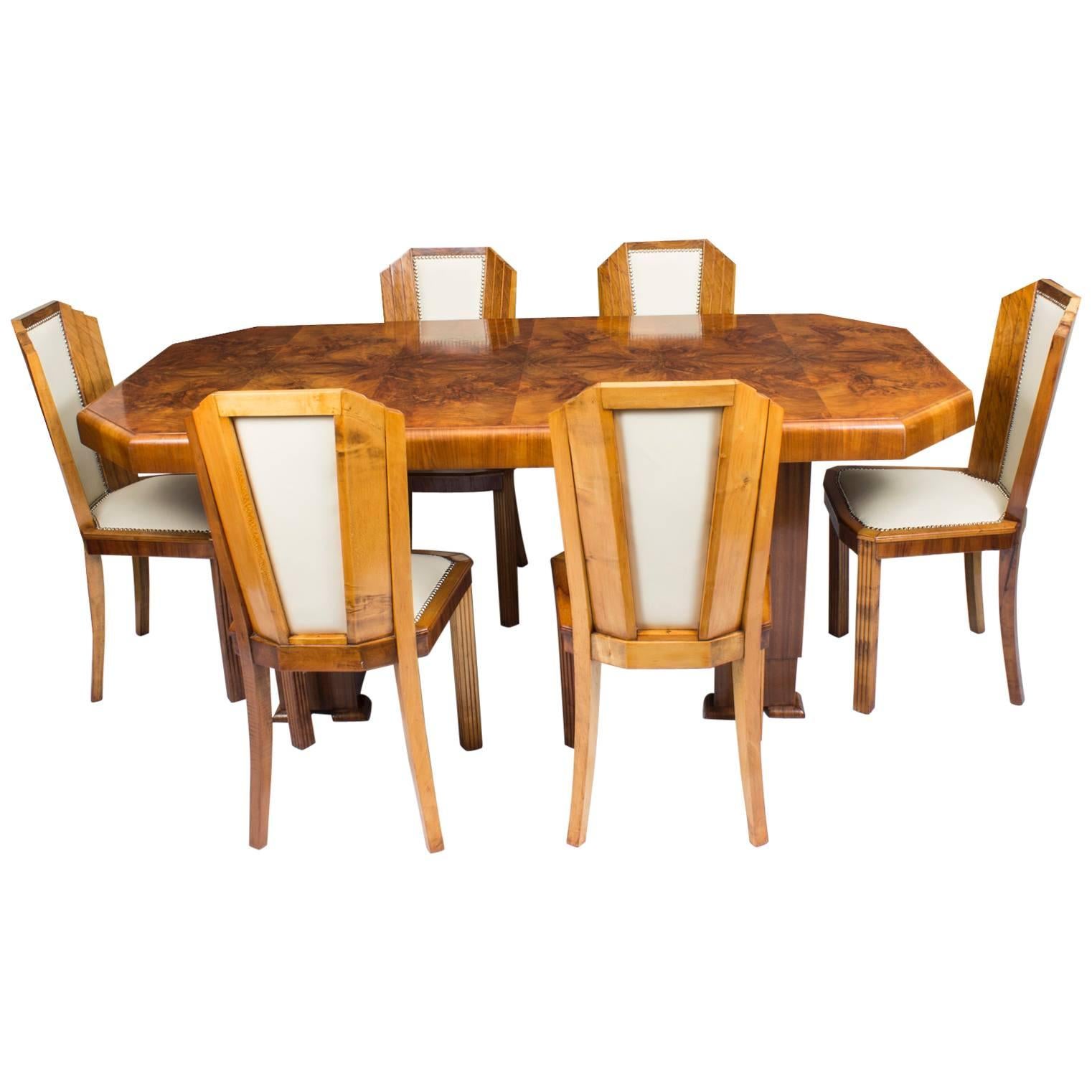 1930s Art Deco Burr Walnut Dining Table Six Chairs