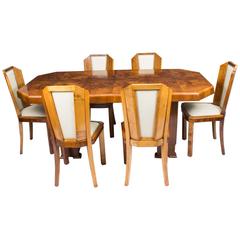 1930s Art Deco Burr Walnut Dining Table Six Chairs