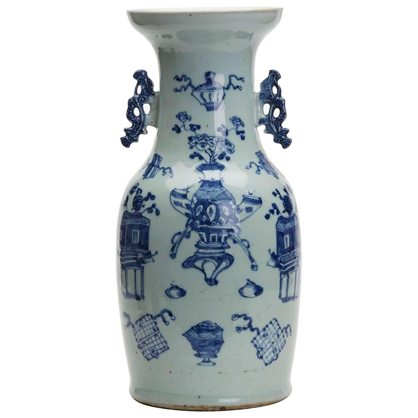 Large Antique Chinese Celadon Blue and White Vase, circa 1900
