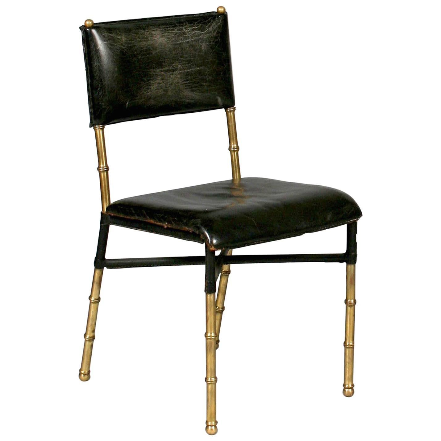 Small Stitched Leather Faux Bamboo Chair by Jacques Adnet For Sale