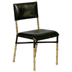 Vintage Small Stitched Leather Faux Bamboo Chair by Jacques Adnet