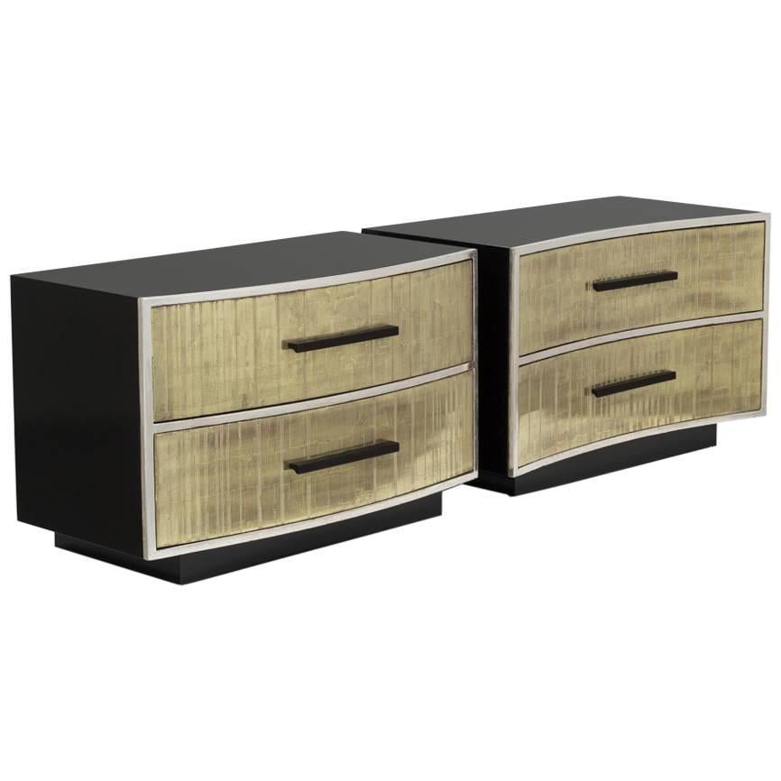 Unique Pair of Gold Leafed Detailed Two-Drawer Side Cabinets