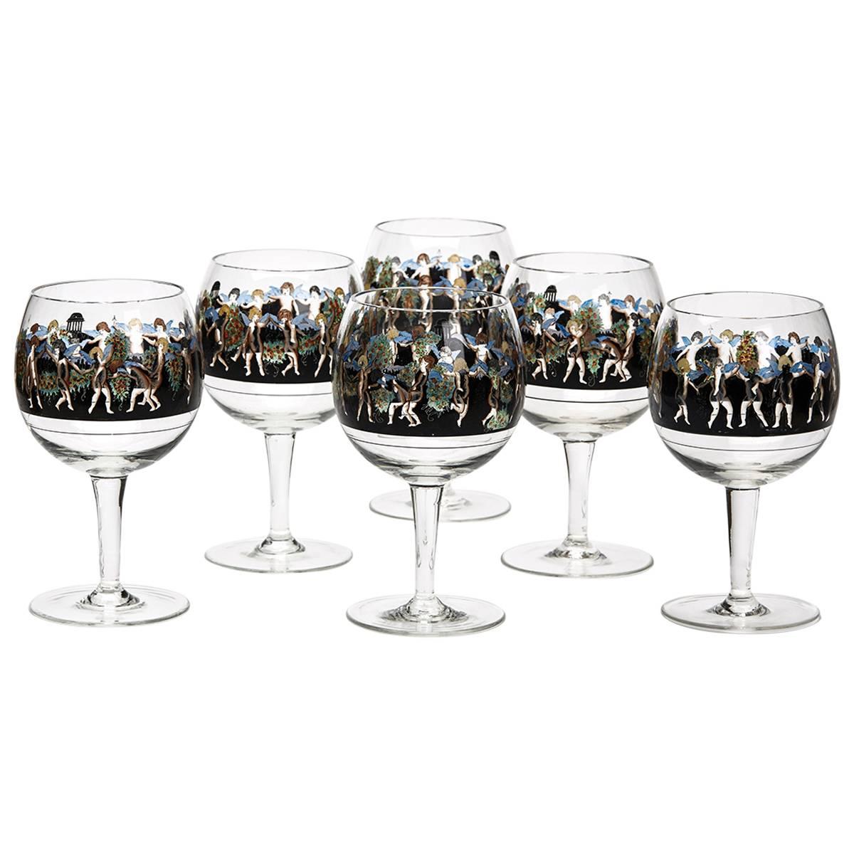 Six Vetri Della Arte Enamelled Glass Goblets, 20th Century For Sale