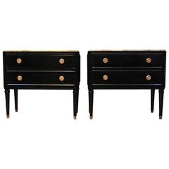 Pair of 1940s French Marble Top Ebonised Bedside Tables