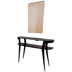Set of Italian, Mid-Century Mahogany Console Table with Brass Mirror, 1950s