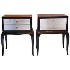 Good Pair of 1940s Ebonized and Mirrored Bedside Tables
