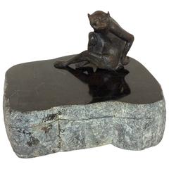 Wonderful Maitland Smith Stone Box Casket Wood Interior Bronze Monkey Sculpture