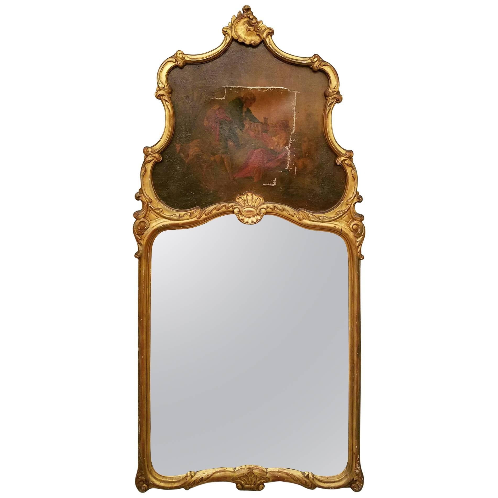 19th Century Louis XV Carved Giltwood Trumeau Mirror For Sale