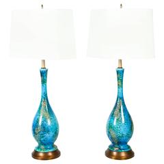 Mid-Century Tall Mottled Blue Lamps