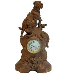 Large Black Forest Hand-Carved Mantel Clock with Saint Bernard Dogs