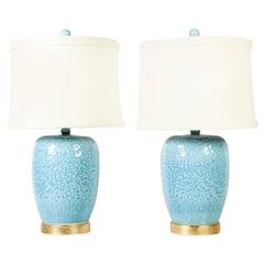 Contemporary Pale Blue Jar Lamps with Gilt Base