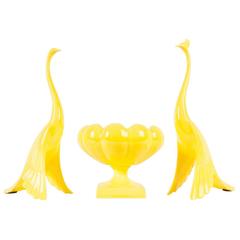 Two Mid-Century Decorative Elegant Bird Sculptures with Matching Yellow Bowl