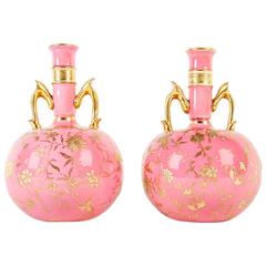 Pair of Antique Pink Vases with Gilt Necks and Handles