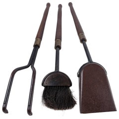 Vintage Blackened Steel Fireplace Tool Set with Long Wood Handles, Circa 1960