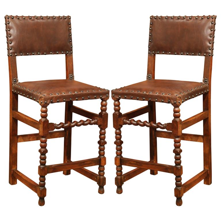 Pair of 19th Century French Carved Walnut Bar Stools with Original