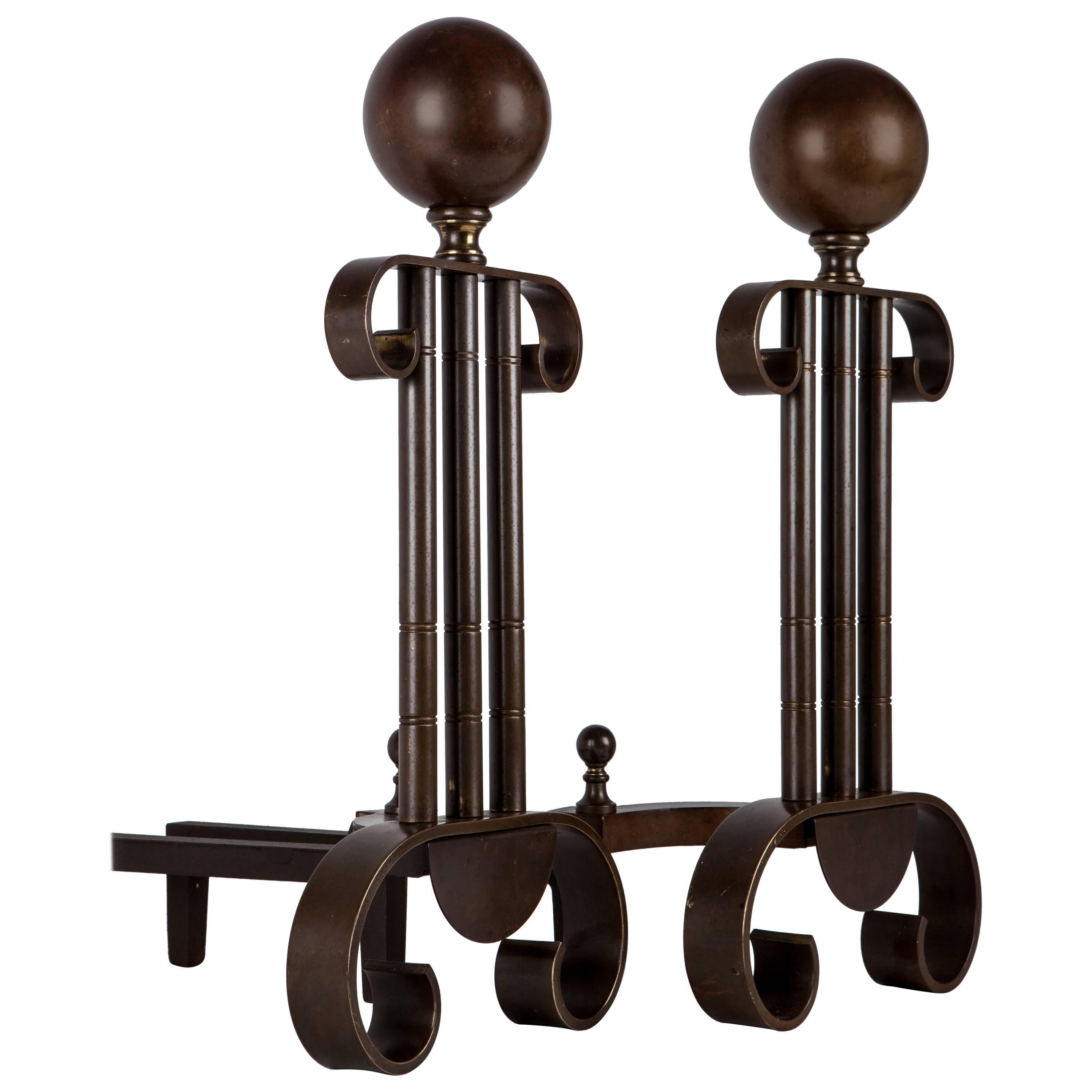 1930s Vintage Fluted Ionic Column Andirons with Ball Finials in Darkened Brass For Sale