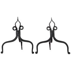 Antique Rustic Blackened Wrought Iron Andirons, with Spade Shaped Finials, Circa 1920s