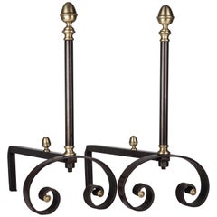 Wrought Iron Andirons with Scrolls and Brass Acorn Finials