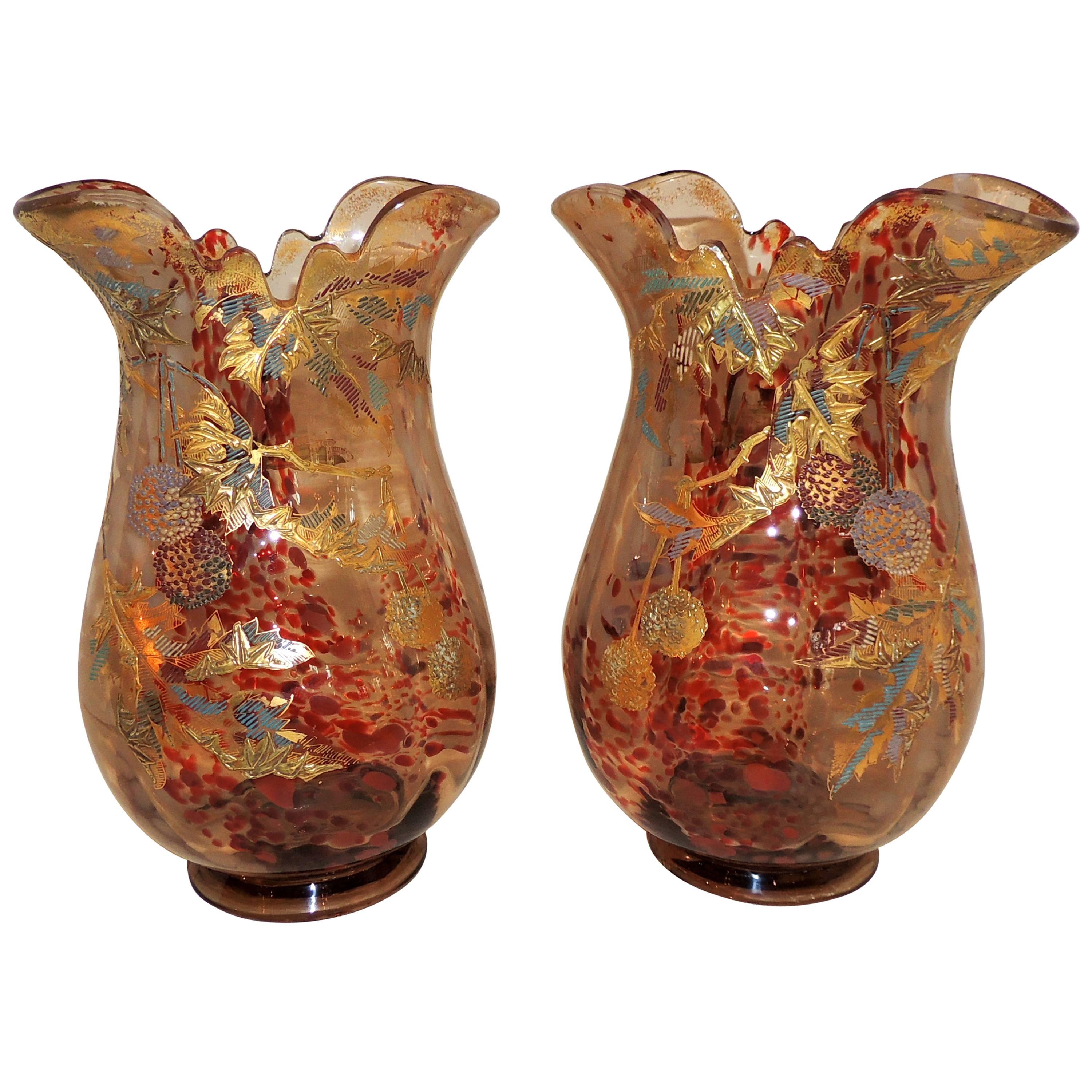 Merveilleuse paire de vases Moser en verre d'art de qualité supérieure et émaillé doré Art Nouveau Déco