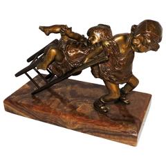 Wonderful Signed Bronze Sculpture Juan Clara Ayats Onyx Girls Playing with Chair 2