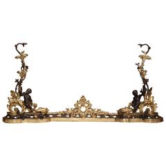 19th Century, Three-Piece Set French Patinated Bronze Chenets with Cherubs