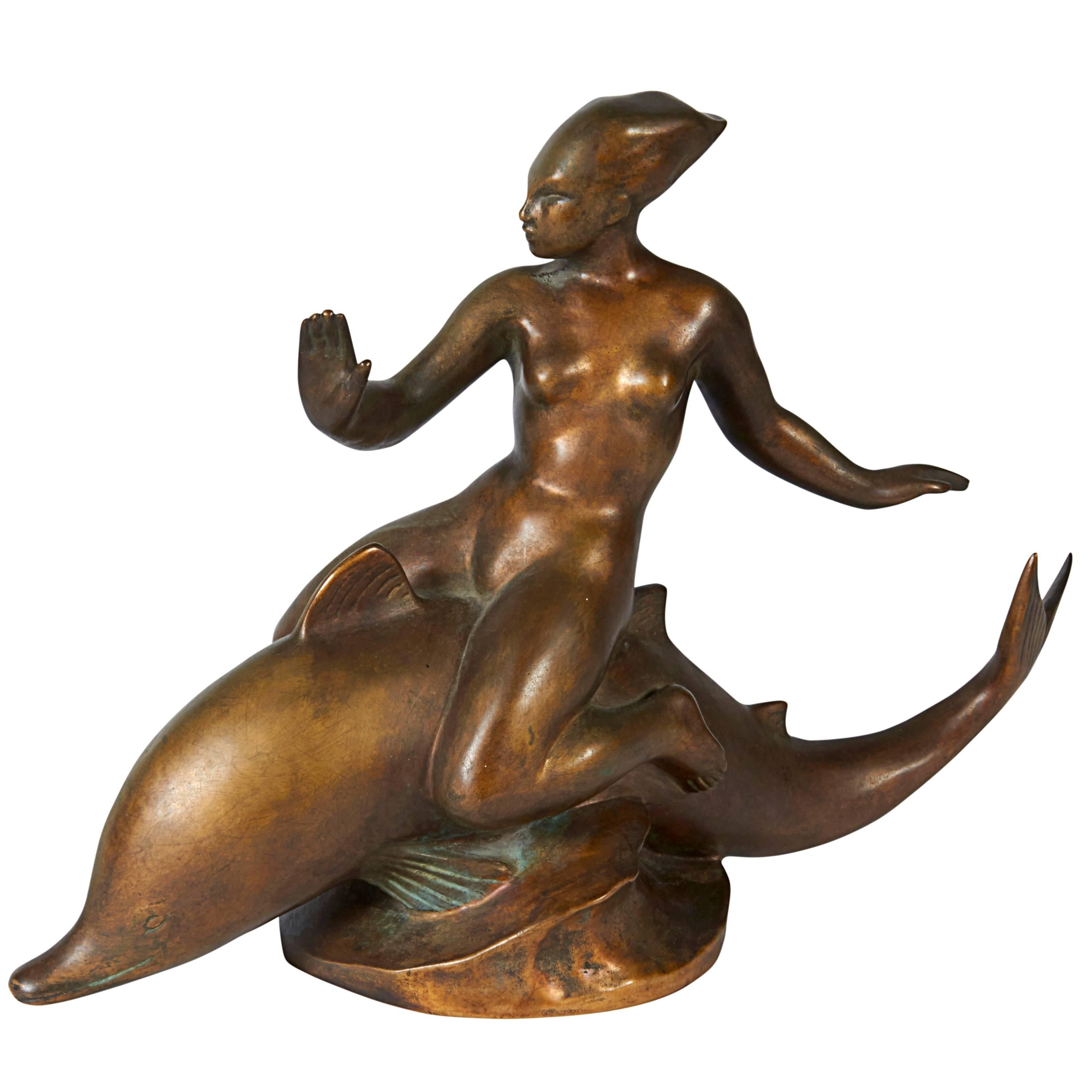 Signed Art Deco Bronze "Naiad and Dolphin" Sculpture, France, 1930s