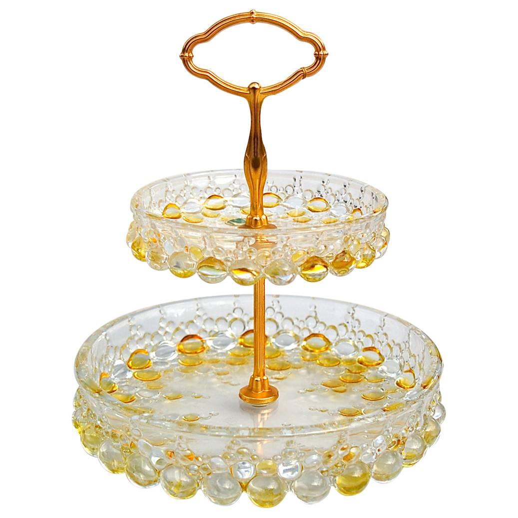 Walther Glass Tiered Bubble Glass Cake Stand with gilt stem, circa 1960s For Sale